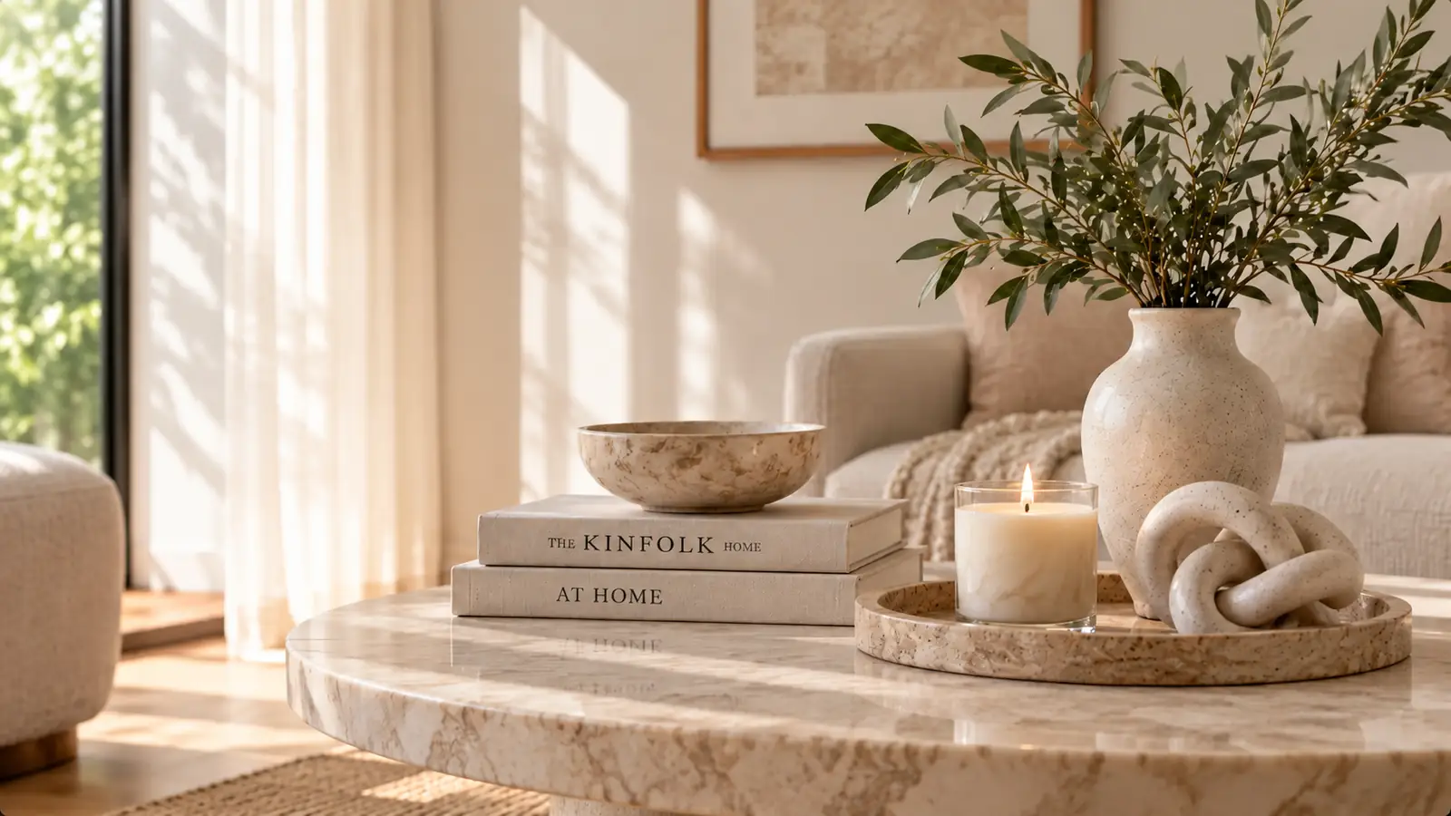 Thoughtfully styled home accents in a bright living space