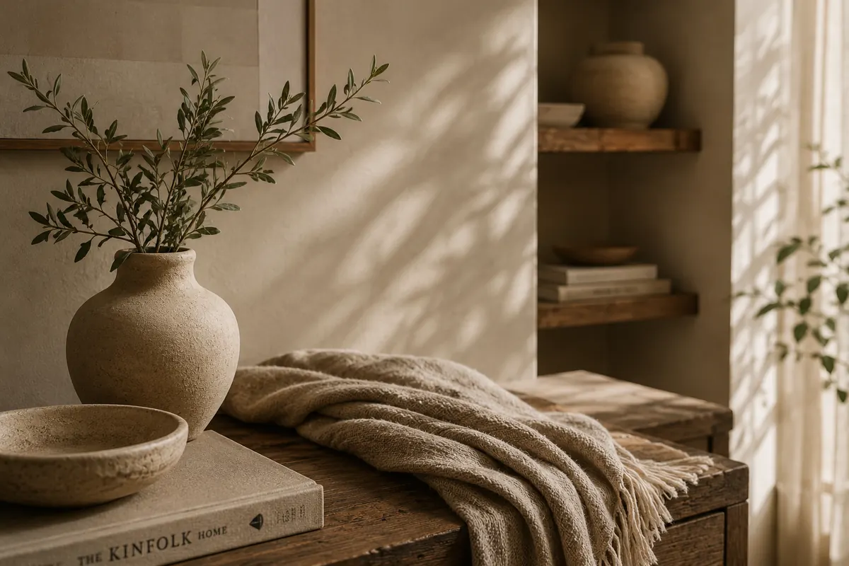 Warm minimalist interior with natural textures and home decor